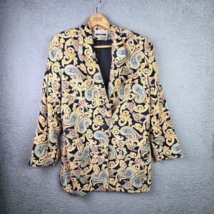 Restivo Silk Paisley Long Line Blazer Gold Black Straight Statement Jacket